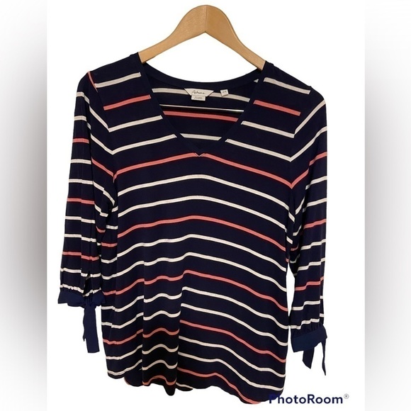 Reitman's Nautical Coral And Navy 3/4 Sleeve Blouse Medium - Picture 1 of 6